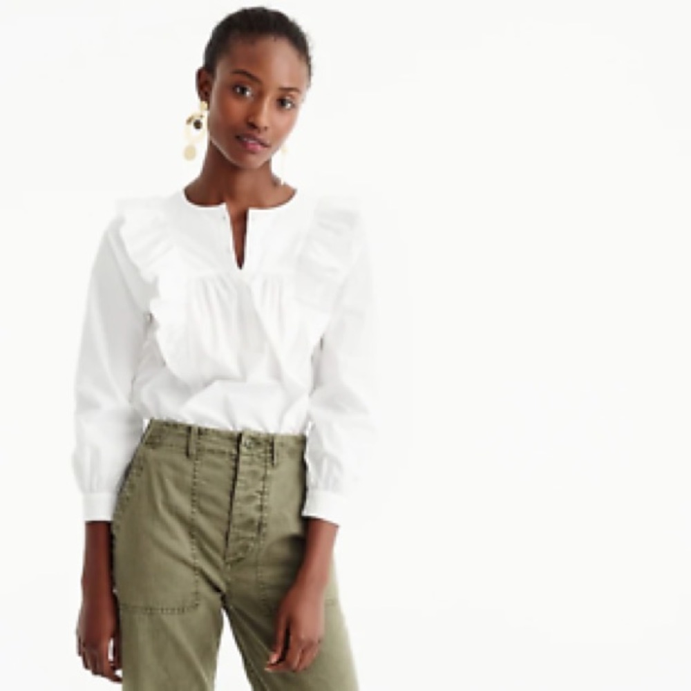 J. Crew White Ruffle Front Shirt